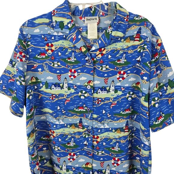Bon Worth Vtg Nautical Blue Lighthouse Shirt Beachy Coastal Grandmother Aloha MP - Picture 5 of 12